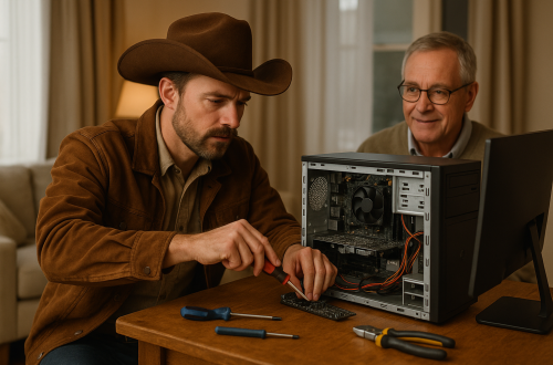 Cowboy-hattuinen tietokoneasentaja korjaa pöytätietokonetta asiakkaan kotona, asiakas seuraa vieressä hymyillen.